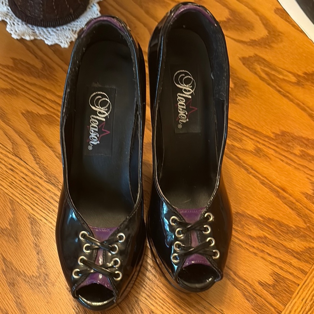 Pleaser Black and Purple Peep-Toe Heels with Decorative Lacing